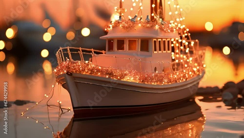 A deckedout fishing boat, covered in lights and adorned with garland and a star topper, floating on the tranquil water as the sun sets on Christmas Eve. photo