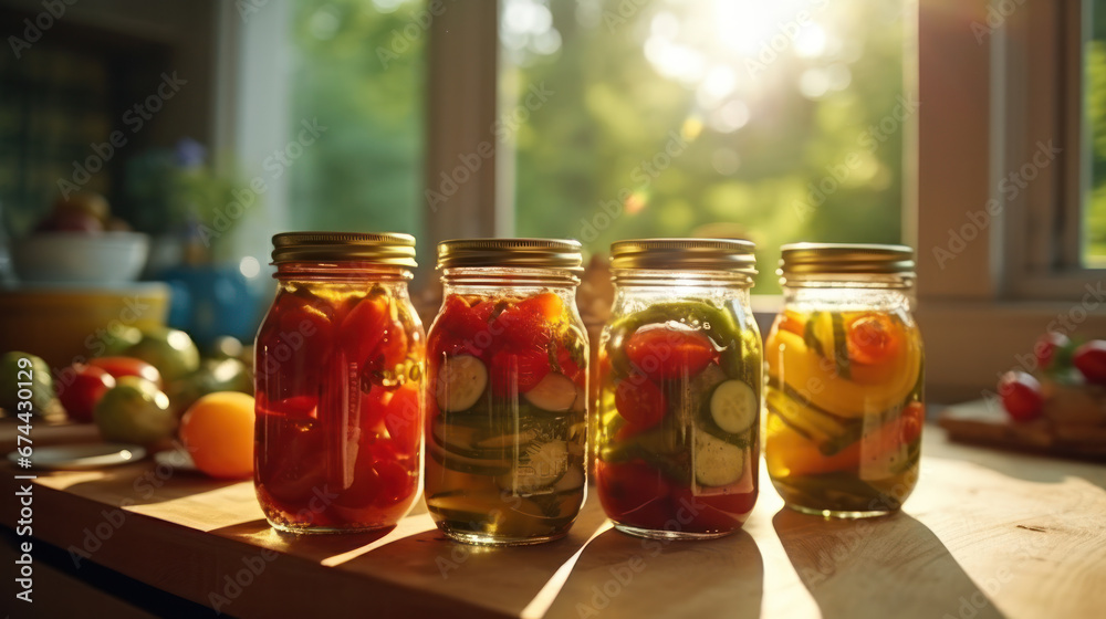 Canned vegetables in glass jars in window. Fermentation of food. Canned vegetables in glass jars in window. Fermentation of food.