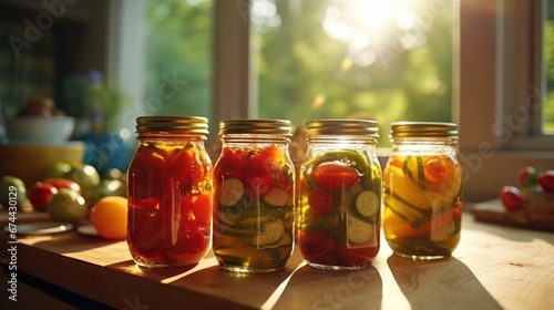Canned vegetables in glass jars in window. Fermentation of food. photo