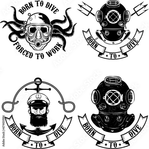 Set of diver emblems. Diving club or school emblem template. Design element for logo, label, emblem, sign, t-shirt print, poster. Vector illustration.