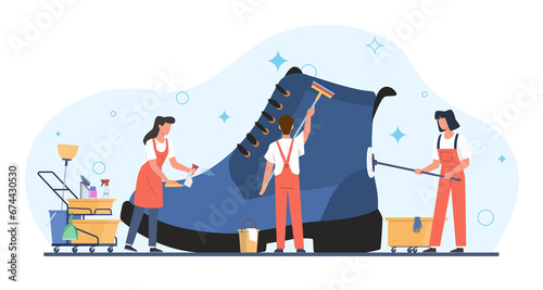 Concept of shoe shine services, little people shine footwear. Tiny men and women cleaning and washing huge boots. Professional cosmetics for leather, png cartoon flat isolated illustration