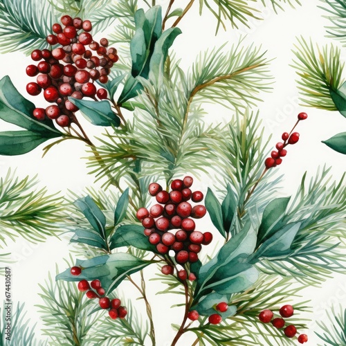 Seamless Christmas watercolor Pattern on white background. Hand drawn style illustration patterned with holly berries and spruce. New Year endless winter design for prints, wrapper, cover, clothes