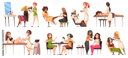 Cosmetic studio happy visitors. Women take care of their appearance in beauty salon, manicure, pedicure, laser hair removal, massage, haircut and makeup, spa treatment tidy png cartoon set © YummyBuum