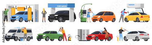 People in self car wash service. Cartoon persons clean, dry and vacuum brushing, pour foam on vehicles, drivers care about cleanliness, automatic automobile wash, tidy png set