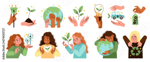 Fototapeta Naklejka Na Ścianę i Meble -  People save planet. Cartoon cute girls with green ecological symbols, hyman hands with environment elements, women hugging love earth. Ecology protection, nature activists, tidy png set