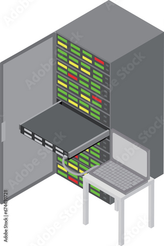 アイソメトリックなサーバラックのサーバと接続しているノートパソコンのイメージ素材