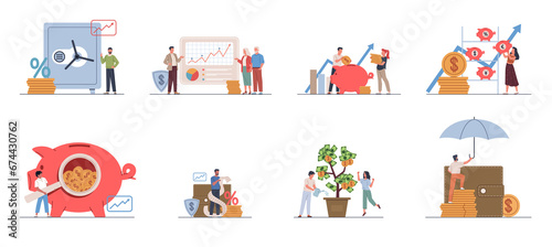 Budget planning people. Cartoon men and women interact with money, financial literacy, funds calculating, distribution. Huge safe and tree with golden coins, piggy bank, nowaday png set