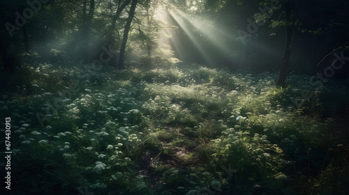 Radiant flora in a mystical forest  intriguing sight emerging from dense foliage  striking contrast of light with the lush plants. © Piotr
