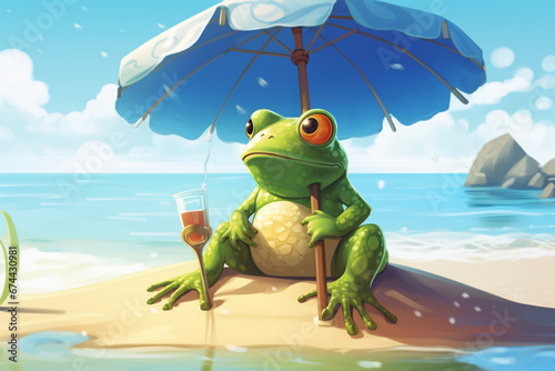 illustration of a cute frog on the beach