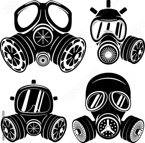 Set of gas masks isolated on white background. Design element for logo, label, emblem, sign, brand mark. Vector illustration.