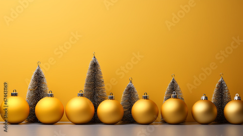 Yellow Christmas background. Decorative border of fir branches and Christmas balls. Copy space for text