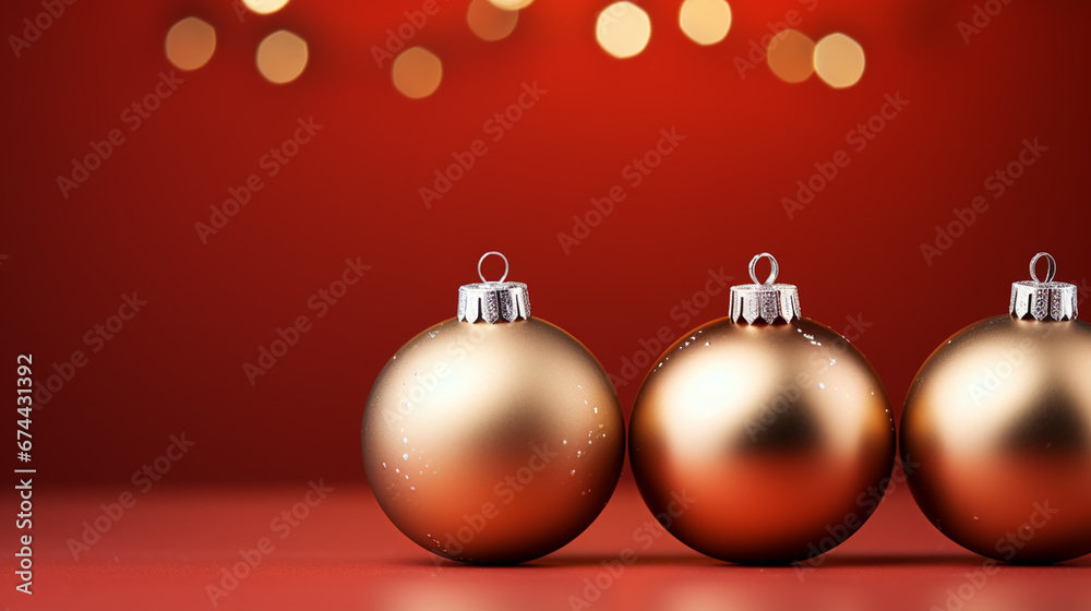 Christmas composition. Christmas red decorations, fir tree branches on red background. Flat lay, top view, copy space Christmas composition. Christmas red decorations, fir tree branches on red background. Flat lay, top view, copy space