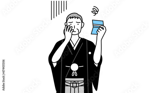 New Year's Day and weddings, Senior man wearing Hakama with crest looking at his bankbook and feeling depressed.