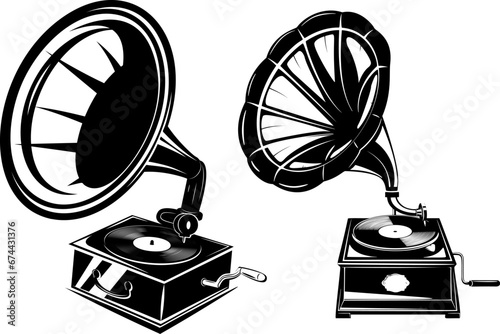 Set of the gramophones isolated on white background. Vector illustration.