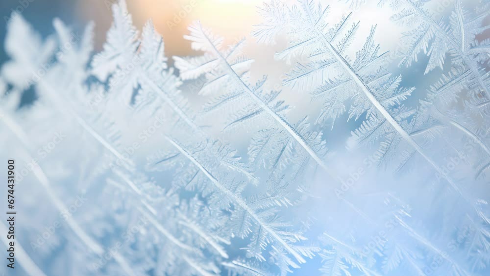Closeup of a cars windshield covered in frost, with delicate frost crystals forming intricate designs.