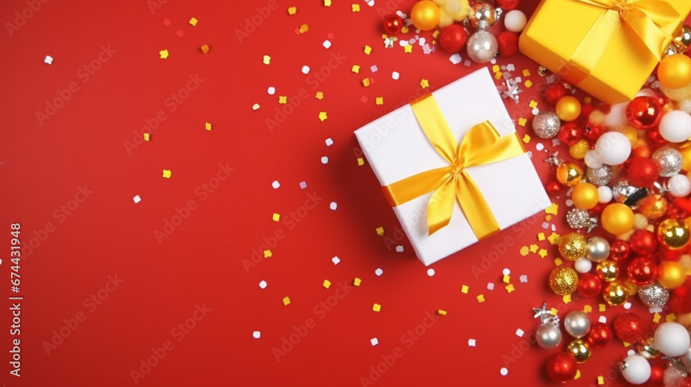 New Year banner with Christmas gift boxes and decorations on color background. New Year banner with Christmas gift boxes and decorations on color background.