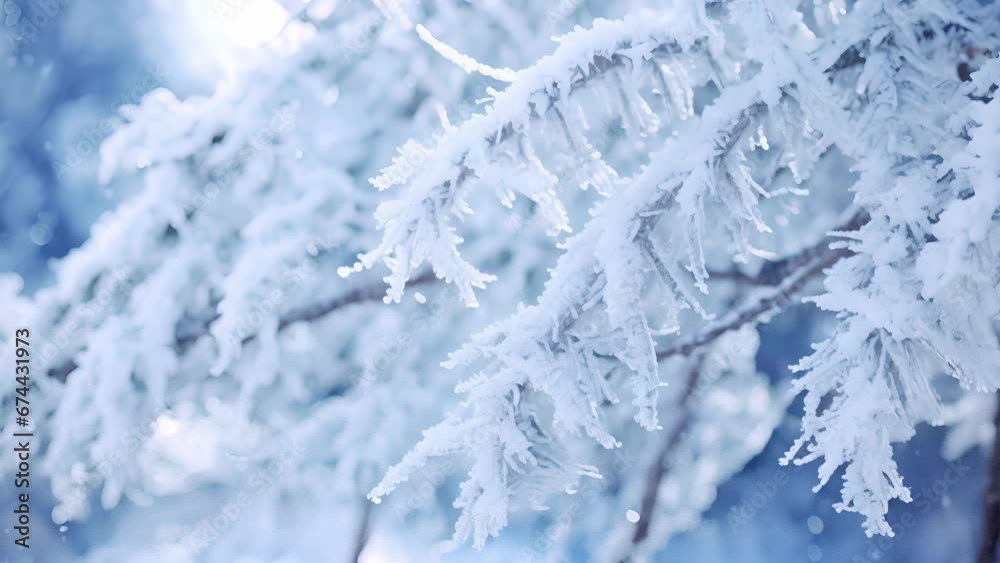 A closeup of a snowcovered tree branch, with a thick layer of snow stacked on top of each other, creating a fuzzy effect.