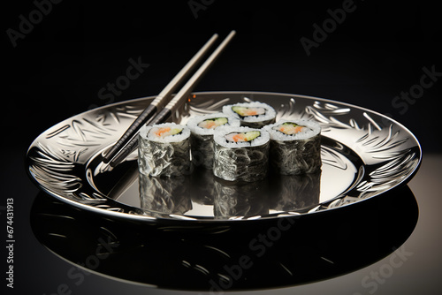 A pair of elegant silver chopsticks rests on a plate of sushi, adding a touch of luxury to the dining experience. photo