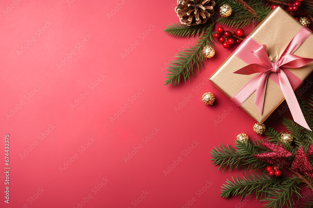 pink christmas background with poinsettia with leaves, red berries, gift box wrapped red silk ribbon, gold tinsel, with empty copy Space
