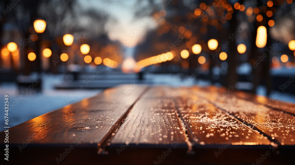 The empty wooden dark brown rustic table top with blur background of winter forest