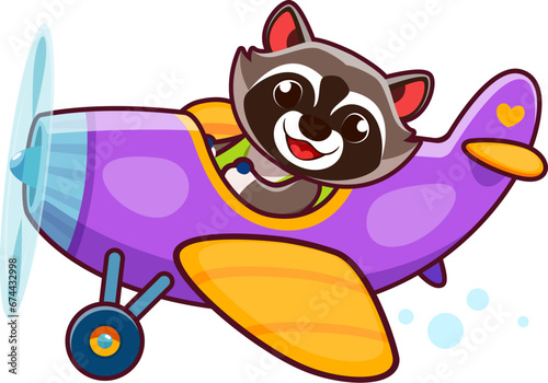 Cartoon raccoon animal character on plane. Animal kid airplane pilot. Isolated vector adorable coon cub personage flying, ready to embark on exciting airborne adventures with a friendly smile © Vector Tradition