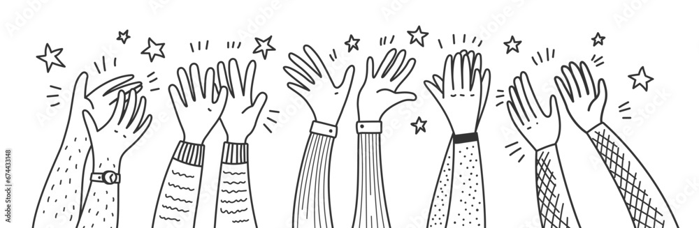 Doodle applause hands of people clapping or happy audience, cartoon vector background. Hands up applauding for success with stars on concert, celebration or congratulation, support and greeting bravo - obrazy, fototapety, plakaty 