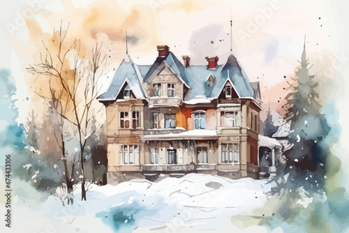 Watercolor winter landscape. Christmas house. Holiday card.