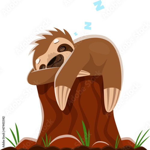 Cartoon sloth character peacefully sleep on a tree stump, its eyes closed and a content smile on its face. Vector cute tropical animal lounges or dozing with relaxed expression captures tranquility