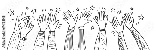 Doodle applause hands of people clapping or happy audience, cartoon vector background. Hands up applauding for success with stars on concert, celebration or congratulation, support and greeting bravo