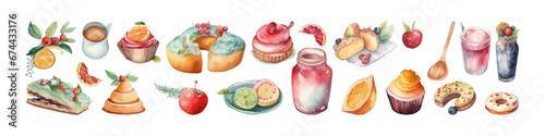 Watercolor christmas vector dessert. Sweet cakes slices pieces.