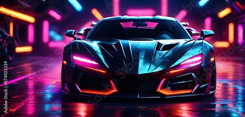 Super car front view on dark-neon lights background Supercar in motion. Digital AI. Generative AI
