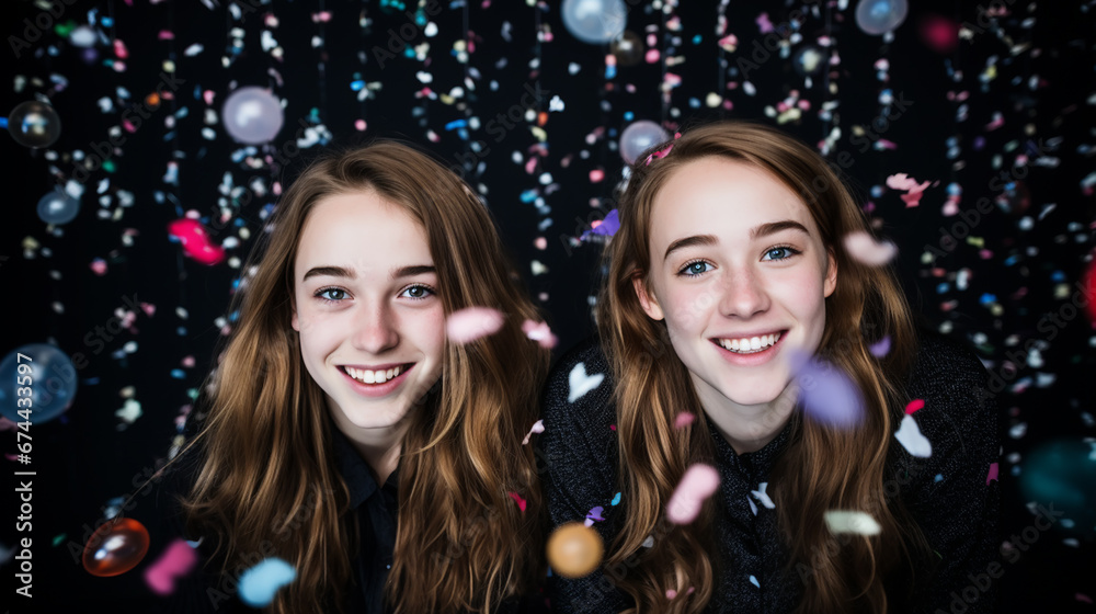 Two laughing models in trendy night dresses on the black wall background in the studio. balloons.