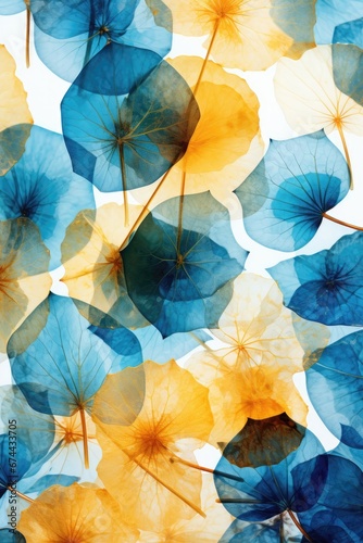 An abstract image featuring a harmonious blend of blue and yellow leaves set against a white background, creating an artistic composition for creative content. Photorealistic illustration