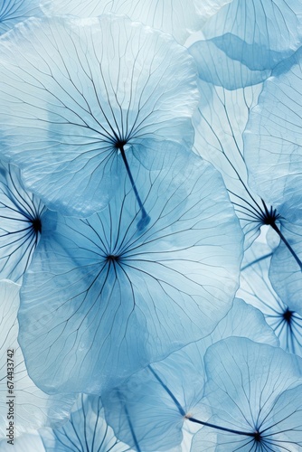 An abstract composition featuring round leaves with a transparent blue tint, creating a visually captivating and ethereal backdrop for creative content. Photorealistic illustration