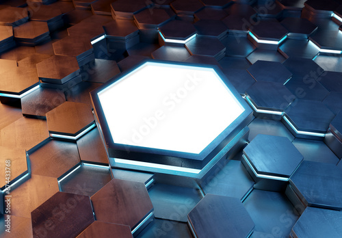 Glowing orange and blue hexagons podium background pattern. Hexagonal metal Mockup with lights and reflections. 3D rendering