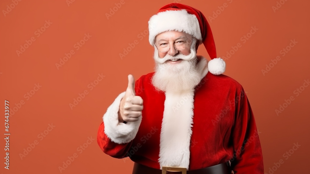 Santa Claus standing isolated on color background and thumbs up Santa Claus standing isolated on color background and thumbs up