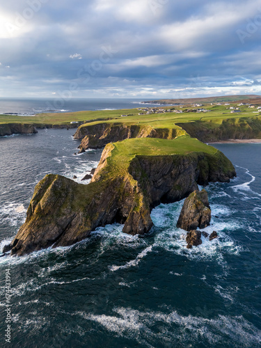 Aerial view of the beautiful coast at Malin Beg in County Donegal, Ireland.