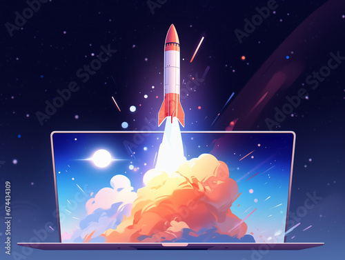 businessman using laptop. A small laptop that can start a big business. Space rocket launched from laptop. Generative AI