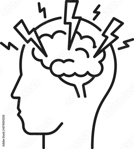 Anxiety psychological disorder problem, mental health. Psychotherapy, mental health problem or cognitive disorder outline vector symbol. Human psychology line sign with lighting bolts striking brain