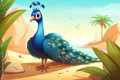 cartoon illustration of a cute peacock on the beach