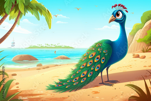 cartoon illustration of a cute peacock on the beach