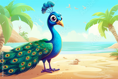 cartoon illustration of a cute peacock on the beach