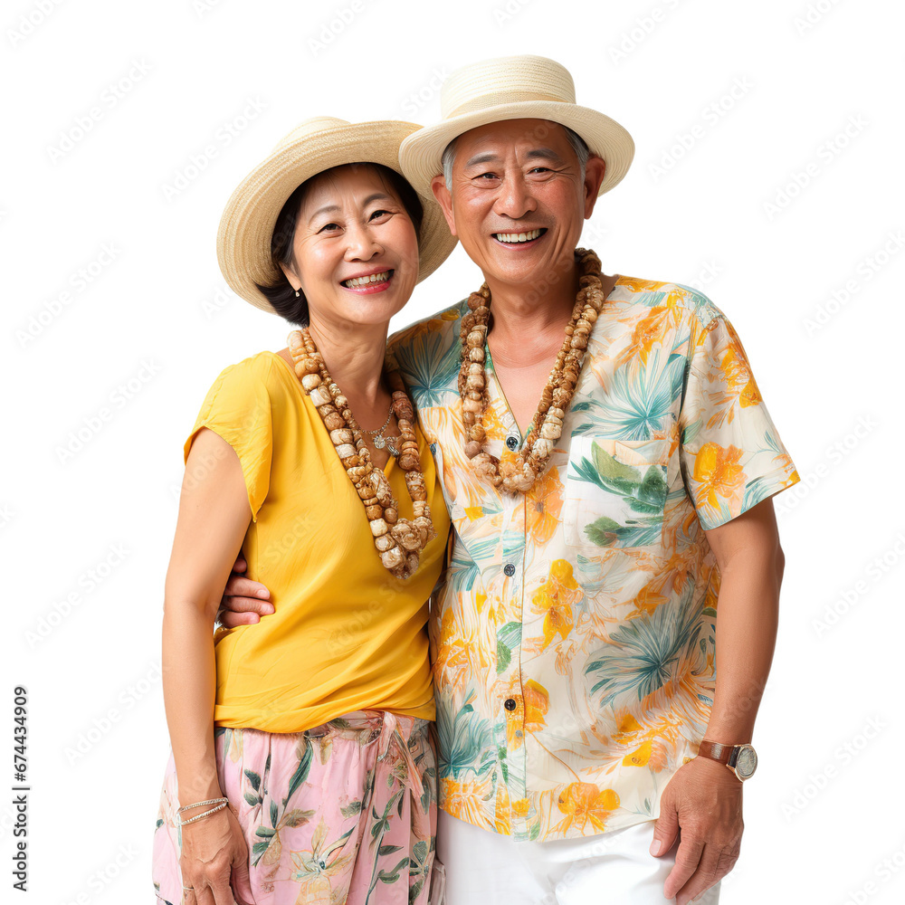Asian senior couple in vacation clothes, isolated on white or transparent background. AI Generated.