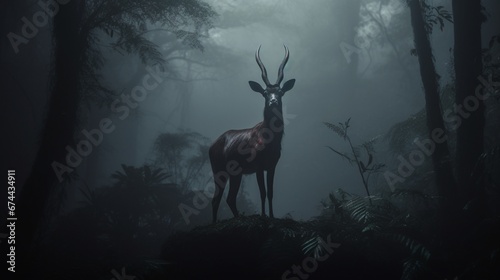 A Saola in a dense, mystical fog, its form partially obscured, giving the image an air of mystery and enchantment.