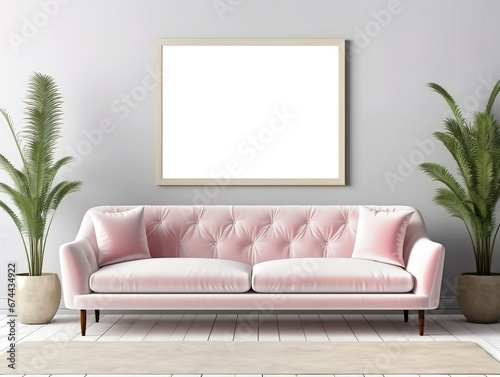 Modern  light minimalist interior of the living room layout with a sofa and home decor with frames for art. Ai generated