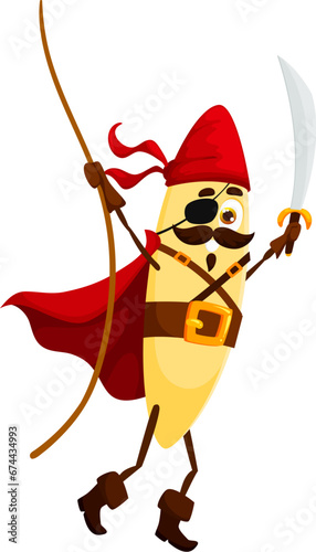 Cartoon orzo italian pasta pirate and corsair character. Isolated vector filibuster macaroni daring personage wear eye patch, wielding a saber, fearlessly rides a rope, ready to conquer culinary seas