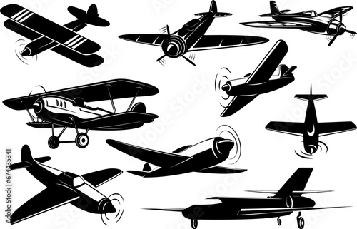 Set of the retro style planes isolated on white background. Design elements for logo, label, emblem, sign, brand mark. Vector illustration.
