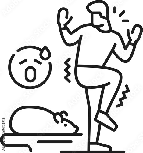 Human musophobia phobia icon, mental health. Fear of mice and rats, mental disorder, people psychology problem thin line vector symbol. Human phobia line pictogram or sign with man scared of mouse