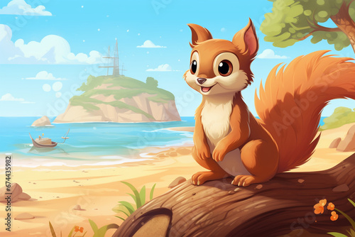 cartoon illustration of a squirrel on the beach