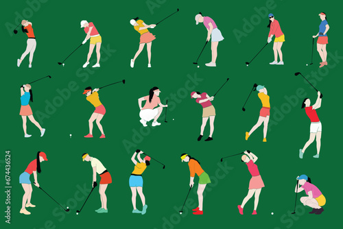 Female golfers silhouette collection. Golf Player set. People playing golf in trendy flat style isolated on color background, symbol for your website design, logo, app, various publications